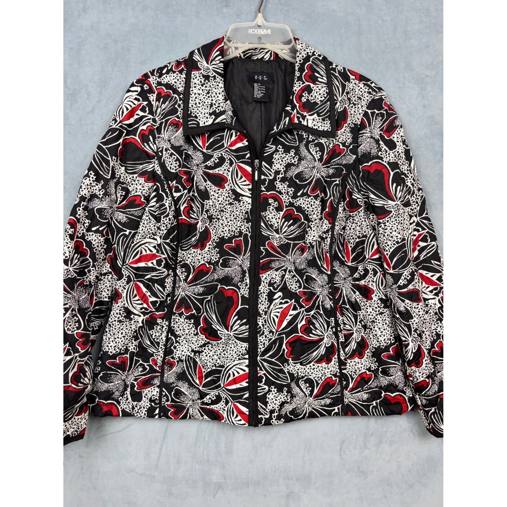 RQT Womens XL Quilted Full Zip Jacket Black Red White Floral Print Lightweight